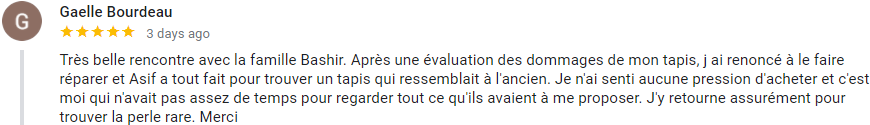 Commentaire 5 étoiles d'une client satisfaite de nos recommendations et des tapis en magasins.